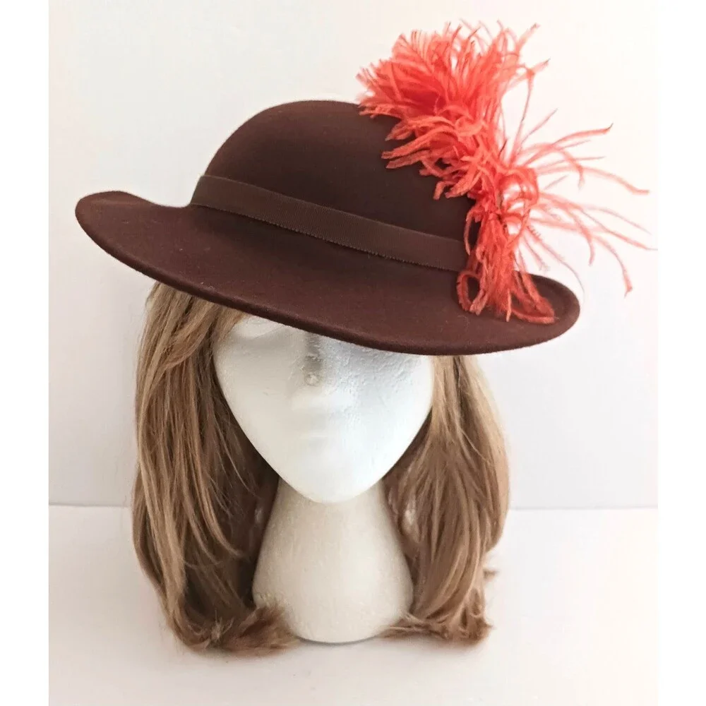 VTG Miss Rose Brown Felt Wool Hat Orange Feather Plume Trim O/S
